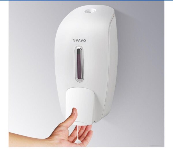 Compact, refillable 800ml dispenser for liquid soap or sanitizer.